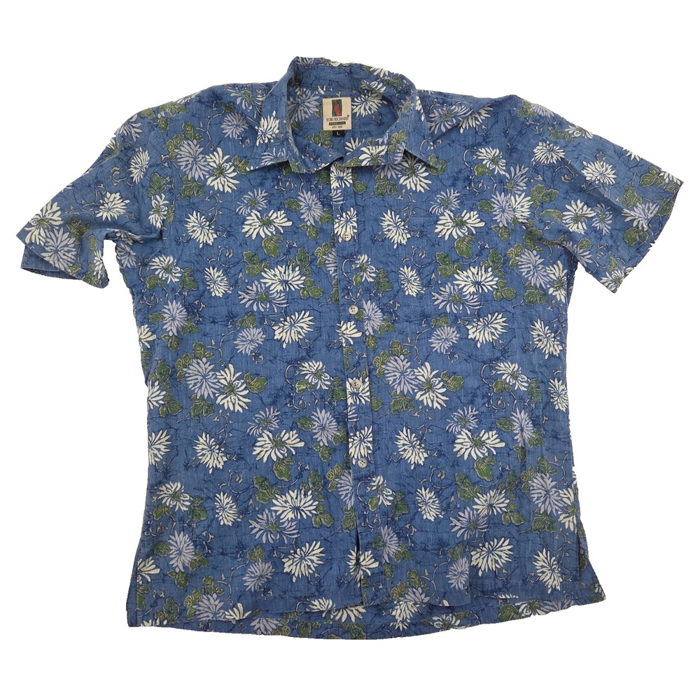 Tori Richard Vintage Hawaiian Shirt Mens Large Blue Floral Inside Out USA 0500R